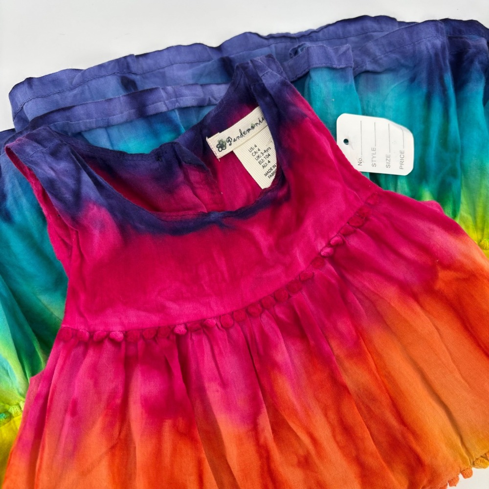 Pandemonium Tie Dye Dress Kids 4 Rainbow Pom Pom Tiered Cotton Sleeveless Boho